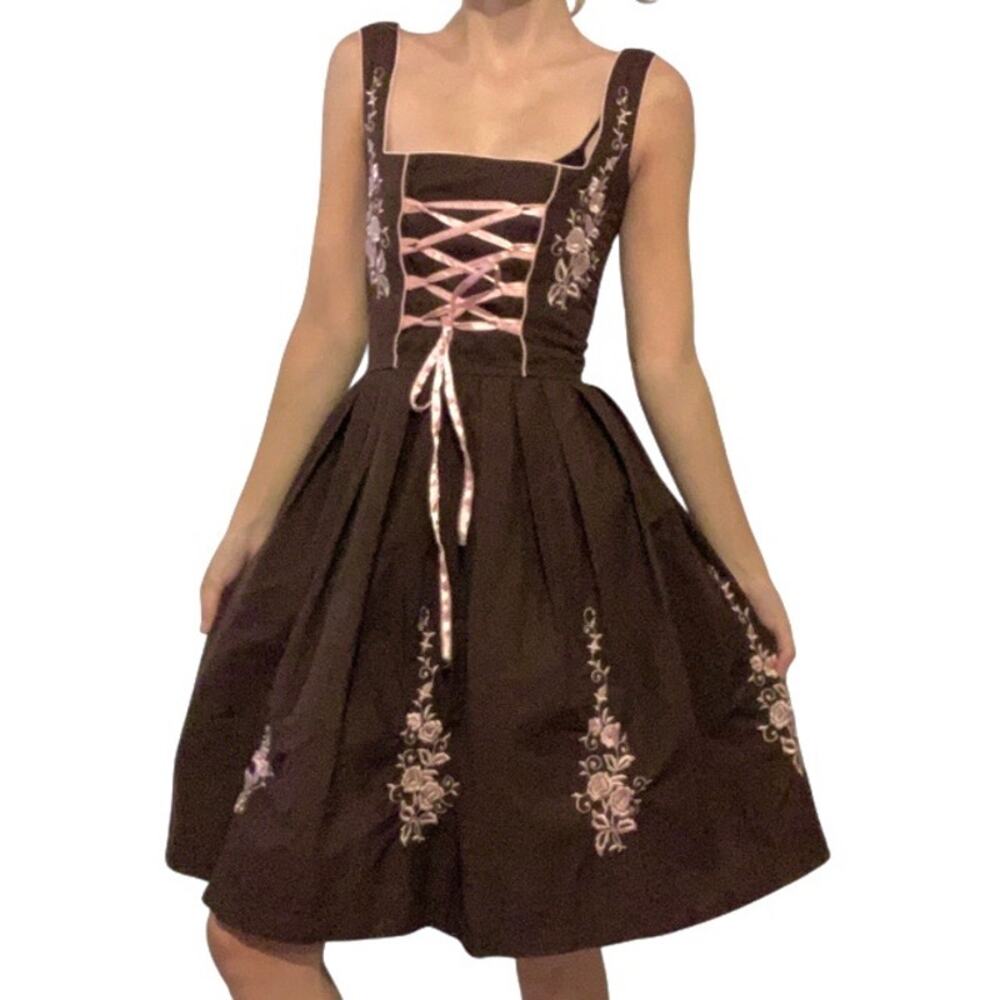 Gaudi Vintage 80s Brown Leather Dirndl Dress – XS